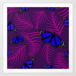 blue butterfly in purple with pink Art Print