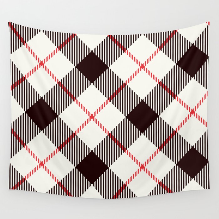 White Tartan with Diagonal Black and Red Stripes Wall Tapestry
