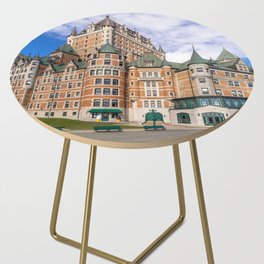 Famous Chateau Frontenac in Quebec historic center located on Dufferin Terrace promenade with scenic views and landscapes of Saint Lawrence River Side Table