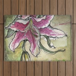 Stargazer Lily - Tiger Lily - Watercolor Flower Painting floral pink green  Outdoor Rug
