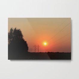 Kansas Sunset with Power Line and Poles Silhouettes Metal Print | Kansas, Evening, White, Sky, Sunset, Sun, Field, Poles, Digital, Powerlines 