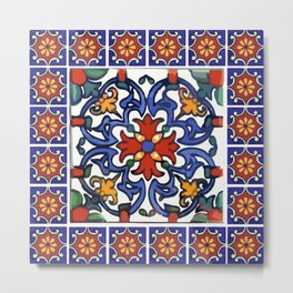 Talavera Mexican tile inspired bold design in blue, green, red, orange Metal Print | Pattern, Mexicantextiles, Orange, Blue, Mexicanfabric, Mexican Art, Geiger, Bluered, Green, Mexicanart 