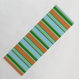 [ Thumbnail: Chocolate, Aquamarine, Sky Blue & Green Colored Stripes Pattern Yoga Mat ]