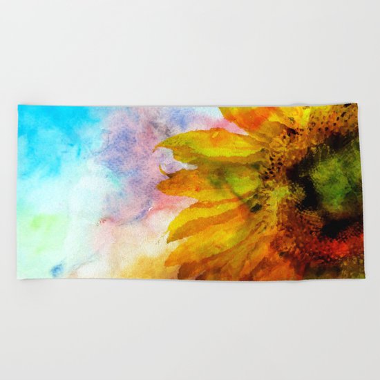 Sunflower on colorful watercolor background- Flowers on #Society6 Beach Towel