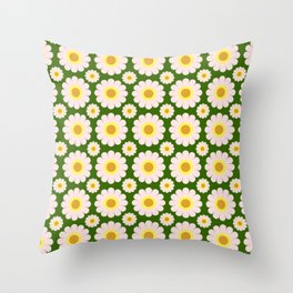 Retro Summer Daisies Pattern On Forest Green Throw Pillow