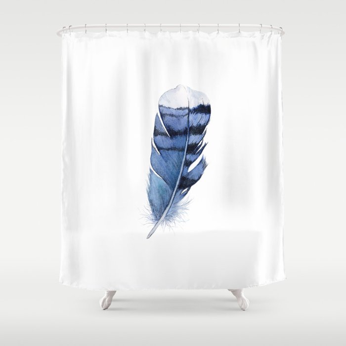 Blue Feather, Blue Jay Feather, Watercolor Feather, Art Watercolor Painting by Suisai Genki Shower Curtain