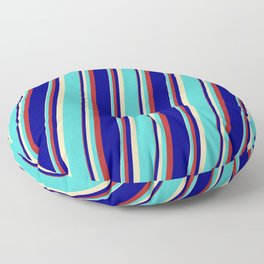 [ Thumbnail: Tan, Turquoise, Red & Blue Colored Lined Pattern Floor Pillow ]
