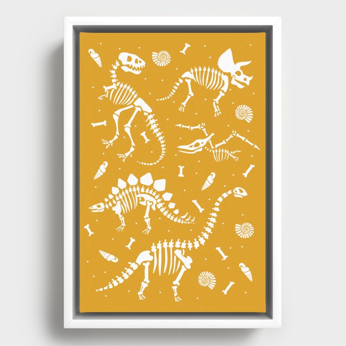 Dinosaur Fossils on Mustard Yellow Framed Canvas