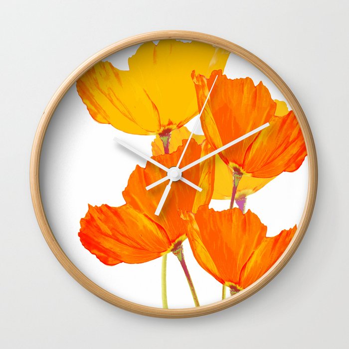 Orange and Yellow Poppies On A White Background #decor #society6 #buyart Wall Clock