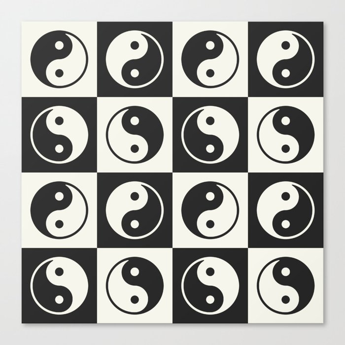 Checkered Yin Yang Pattern (Creamy Milk & Dark Charcoal Color Palette) Canvas Print