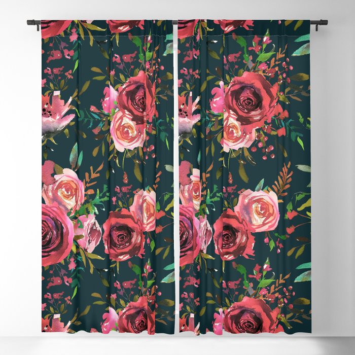 Autumn is calling - dark red roses on petrol Blackout Curtain