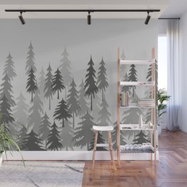 Fir in Fog trees white grey Graphic Wall Mural