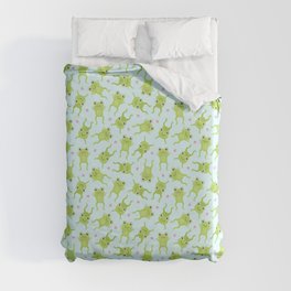 Kawaii Happy Frogs on Blue Duvet Cover