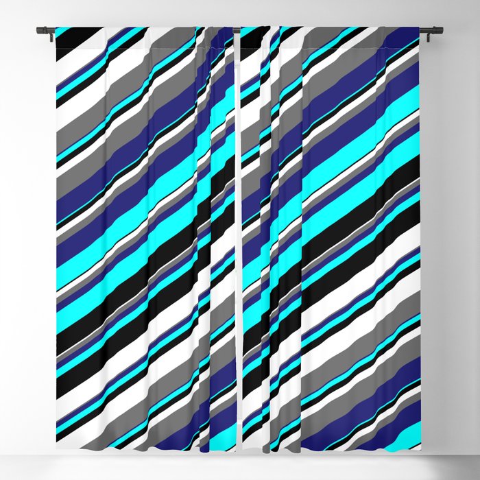 Aqua, Black, White, Dim Gray & Midnight Blue Colored Stripes/Lines Pattern Blackout Curtain