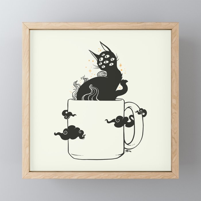 Many Eyed Cat In Coffee Cup With Magic Clouds Framed Mini Art Print