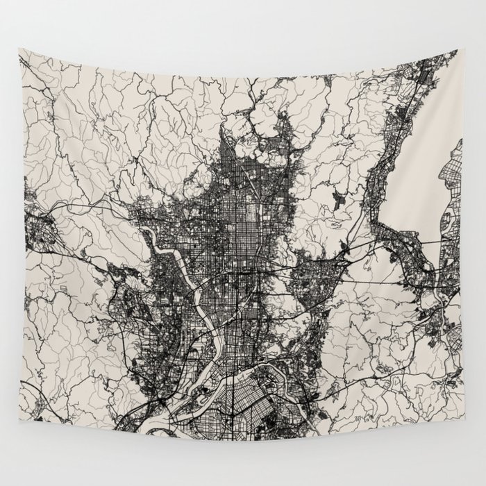 Kyoto, Japan - Black & White Map Wall Tapestry