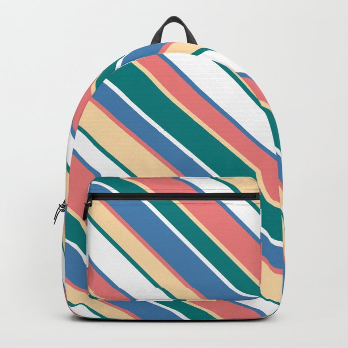 Light Coral, Tan, Teal, White & Blue Colored Striped/Lined Pattern Backpack