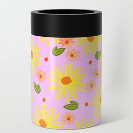 Retro Modern Spring Inked Flowers On Pink Can Cooler
