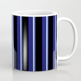 [ Thumbnail: Royal Blue, Black, Midnight Blue & White Colored Striped Pattern Coffee Mug ]