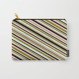 [ Thumbnail: Green, Light Cyan, Tan, Black, and Pink Colored Stripes Pattern Carry-All Pouch ]