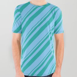 [ Thumbnail: Light Sea Green & Light Sky Blue Colored Striped Pattern All Over Graphic Tee ]