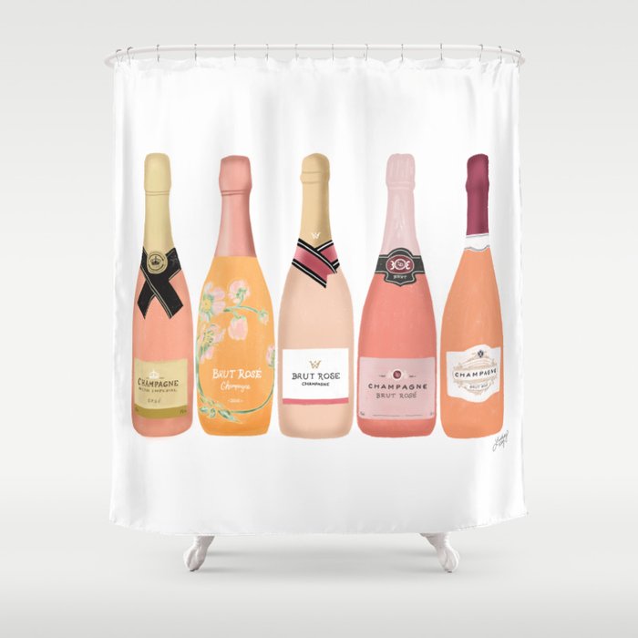Rose Champagne Bottles Shower Curtain, Champagne Shower Curtain Rod
