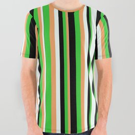 [ Thumbnail: Brown, Lime Green, Black & Mint Cream Colored Stripes Pattern All Over Graphic Tee ]