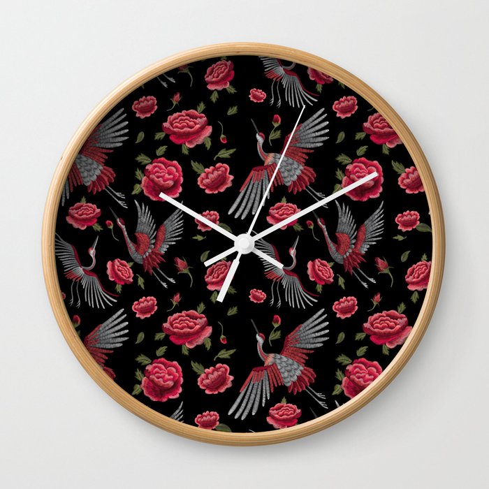 Embroidered Crane Birds & Roses Wall Clock