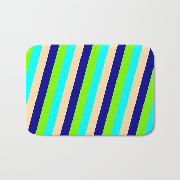 Green, Cyan, Tan & Dark Blue Colored Stripes Pattern Bath Mat