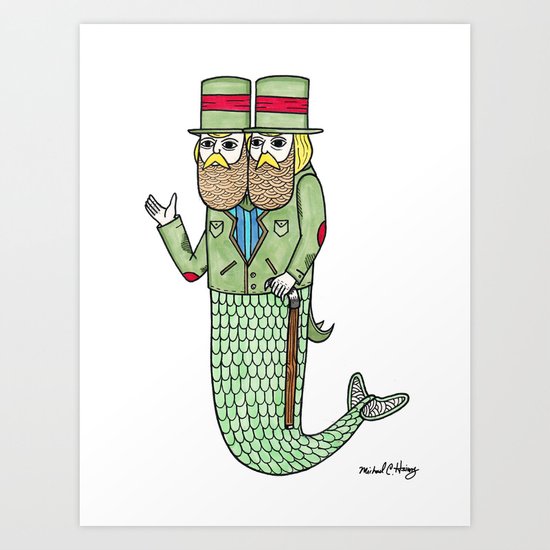 Portrait of a two headed merman Art Print
