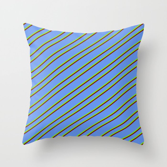 Cornflower Blue, Green, and Maroon Colored Stripes/Lines Pattern Throw Pillow