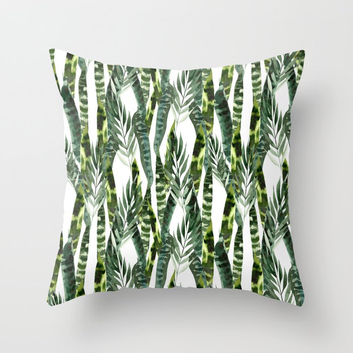 Watercolor Exotic Plants Leaves Pattern Throw Pillow