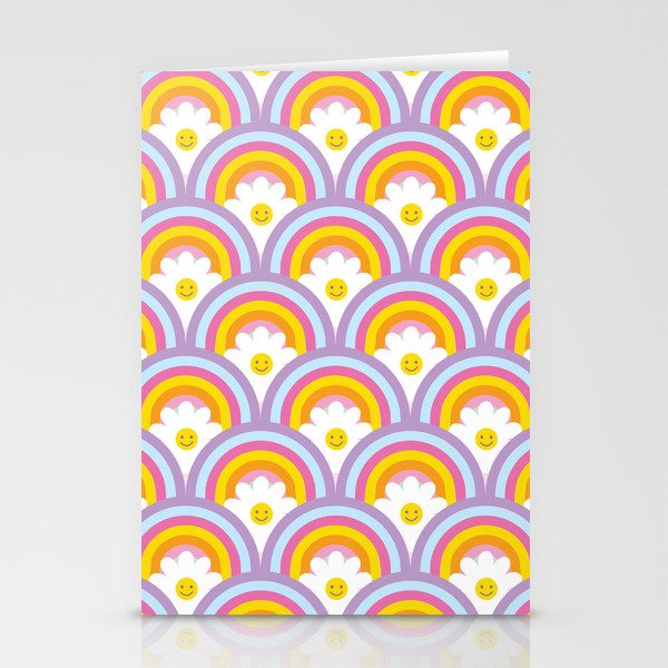 Retro Rainbows and Smiling Flowers. 90s Psychedelic Pattern Stationery Cards