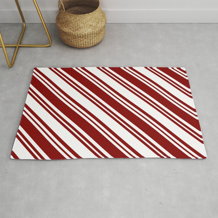 White & Maroon Colored Lined/Striped Pattern Rug