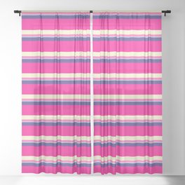 [ Thumbnail: Colorful Dark Slate Blue, Deep Pink, Light Yellow, Hot Pink & Light Blue Colored Lined Pattern Sheer Curtain ]
