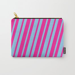 [ Thumbnail: Sky Blue & Deep Pink Colored Striped Pattern Carry-All Pouch ]