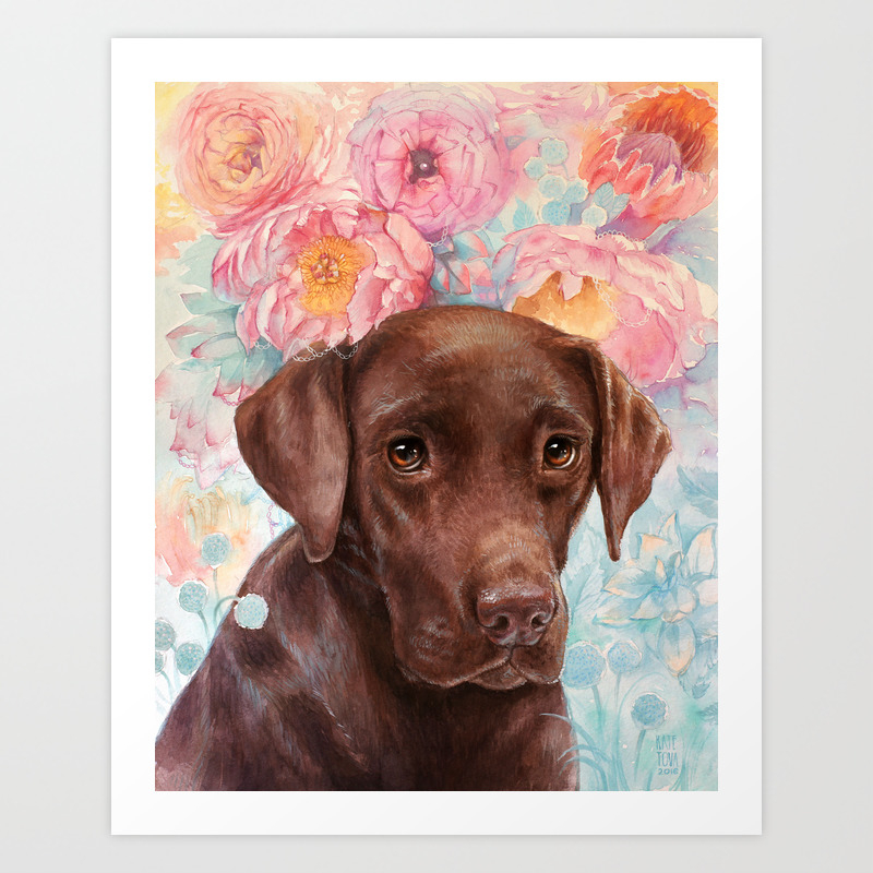 Flowers And Chocolate Chocolate Lab Dog Watercolor Portrait