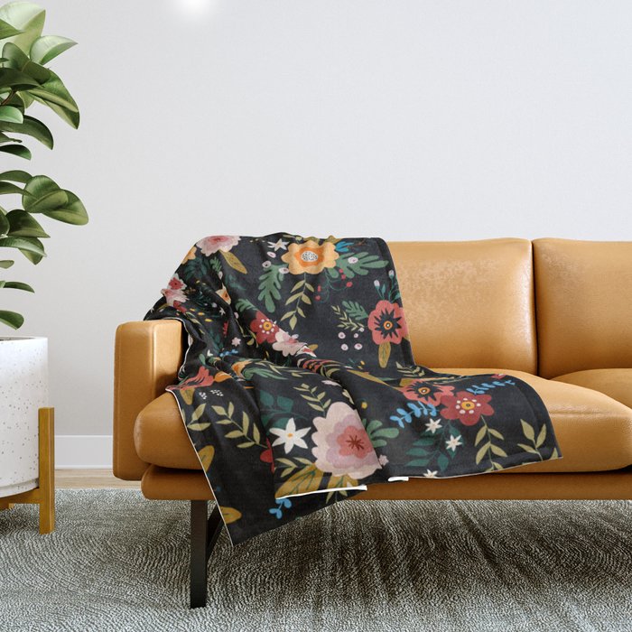 rustic pop floral design with red orange and green flowers Throw Blanket
