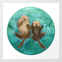 Momma and baby - otters holding hands Art Print