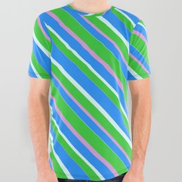 [ Thumbnail: Lime Green, Plum, Blue & Light Cyan Colored Pattern of Stripes All Over Graphic Tee ]