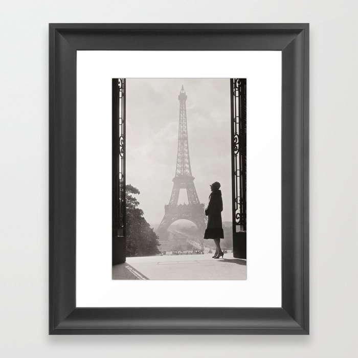 1920 Woman at the Gate, Eiffel Tower black and white photography / jazz age black & white photograph Framed Art Print