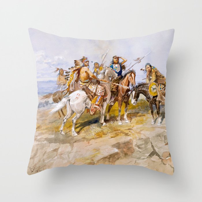 Approach of the White Men, 1897 by Charles Marion Russell Throw Pillow