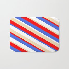 [ Thumbnail: Red, Royal Blue, White & Tan Colored Lined Pattern Bath Mat ]