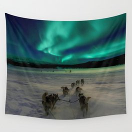Winter Northern Lights Dog Sled (Color) Wall Tapestry
