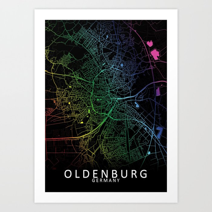 Oldenburg, Germany, City, Map, Rainbow, Map, Art, Print Art Print by