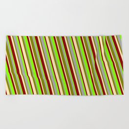 [ Thumbnail: Eye-catching Dark Grey, Green, Beige, Dark Red, and Chartreuse Colored Lined/Striped Pattern Beach Towel ]