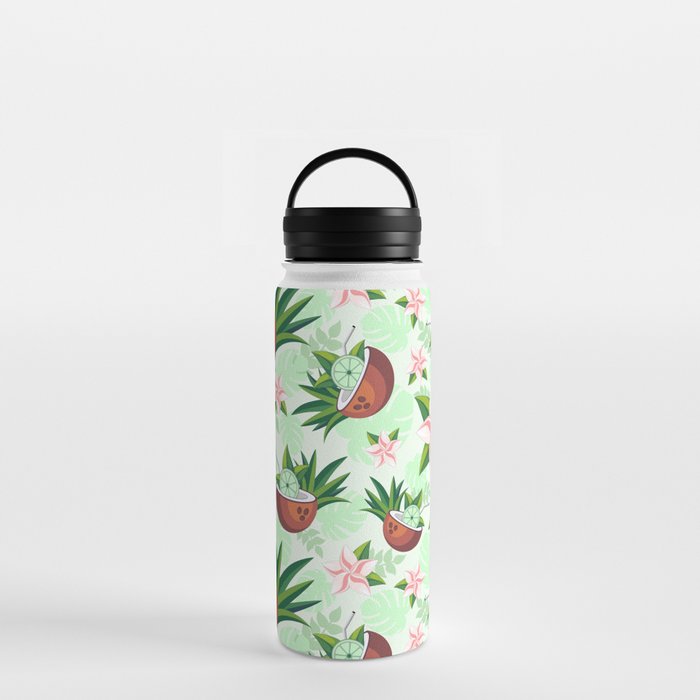 Lime in Coconut with Pink Plumeria Flowers Tropical Summer Pattern Water Bottle