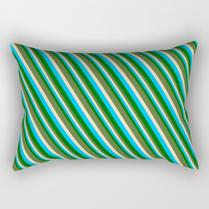 Deep Sky Blue, Dark Green, Dark Olive Green & Tan Colored Pattern of Stripes Rectangular Pillow
