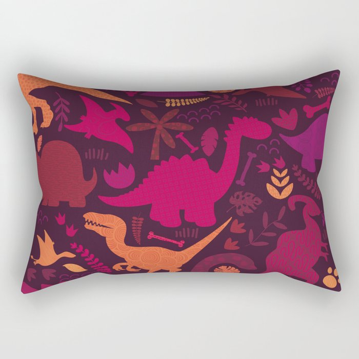 Dino Silhouette Doodle Pattern Red Rectangular Pillow