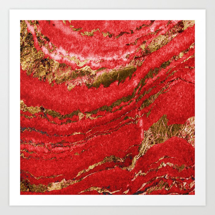 Red and Gold Marble Abstract Design Wood Wall Art by Donna